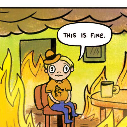 Drawn representation in style of "this is fine" comic